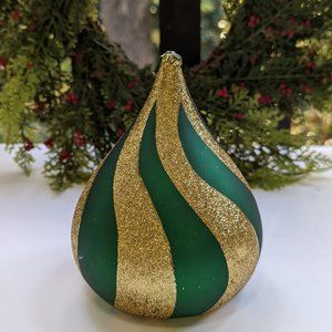 ZODAX Holiday Teardrop Candle Metallic Green and Gold Glitter 4 x 6 Unscented